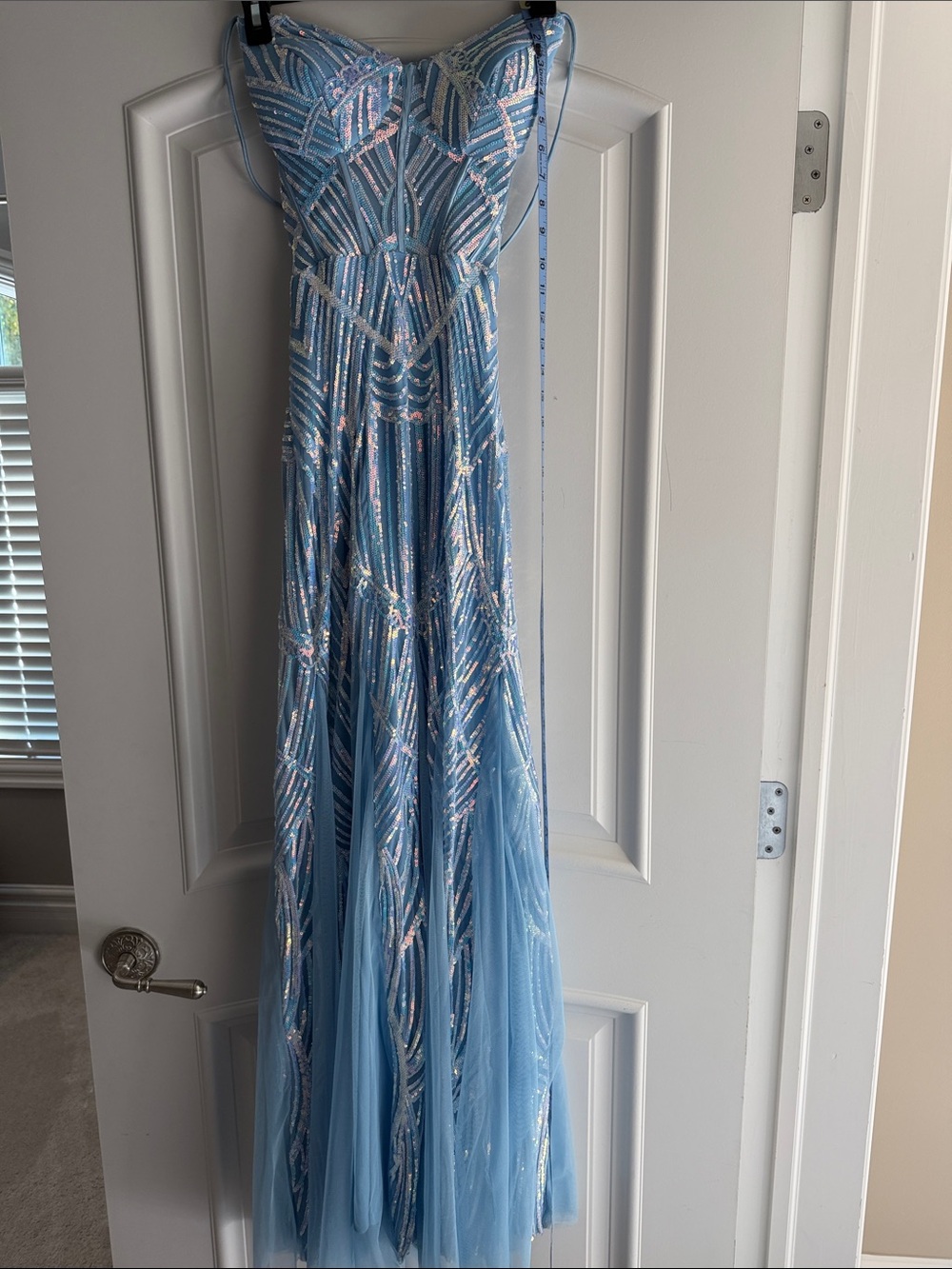 Blondie Nites Light Blue Sequin Spaghetti strap Prom Gown